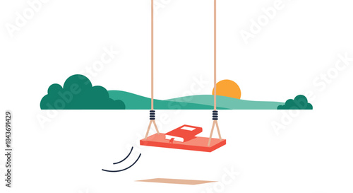 Peaceful and imaginative concept of leisure reading, with an open book resting on a swing in a serene landscape at sunset.