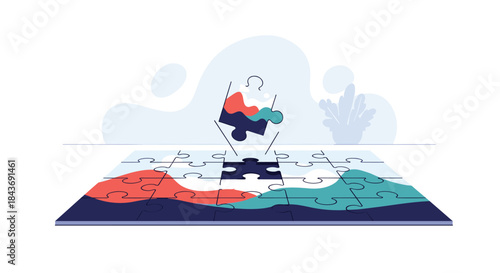 Final piece of a jigsaw puzzle being placed to complete the picture, symbolizing problem-solving, teamwork, and finding a solution.