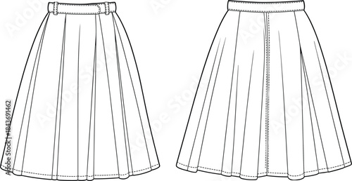 Women's pleated midi skirt technical fashion flat illustration showing front and back views with waistband and seam details