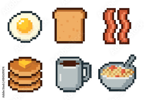 Pixel art breakfast: eggs, toast, bacon, pancakes, coffee, and cereal