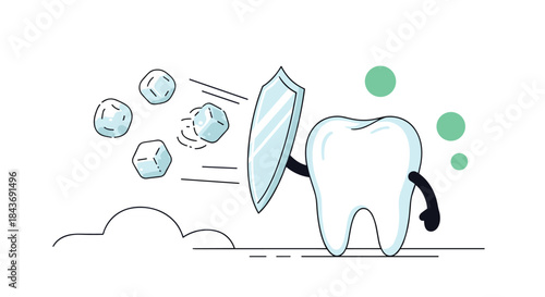 Cartoon tooth character holding a shield to protect itself from cold ice cubes, illustrating dental protection against sensitivity.