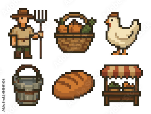 Retro farm icons: farmer, veggies, chicken, bucket, bread, market