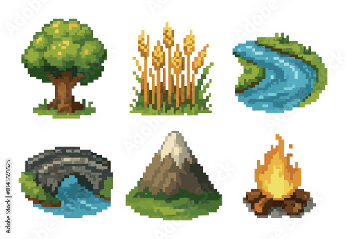 Pixel art elements: tree, wheat, river, bridge, mountain, campfire