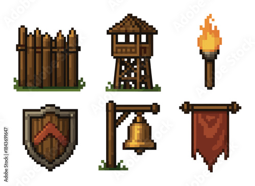 Pixel art medieval objects: wooden fence, watchtower, torch, shield, bell, banner