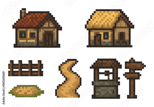 Pixel art village set: houses, path, fence, well, signpost