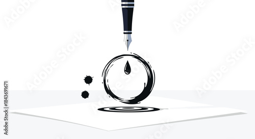 Fountain pen creating an Enso circle with black ink on paper, a Japanese symbol representing enlightenment, minimalism, and the universe.
