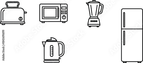 Set of five kitchen appliances icons toaster, microwave oven, blender, electric kettle, and refrigerator, line art style