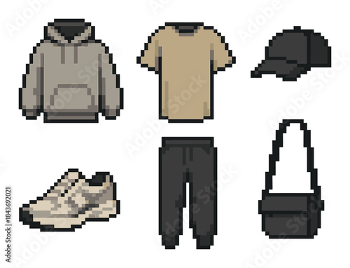 Pixel art casual outfit components: hoodie, t-shirt, cap, sneakers, bag, joggers