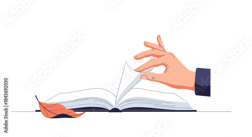 Gentle hand turning the page of an open book with a dried autumn leaf used as a bookmark, evoking a feeling of cozy reading.