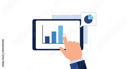 Businessman's hand interacting with a digital bar chart on a tablet screen, analyzing business data and financial growth for a report.