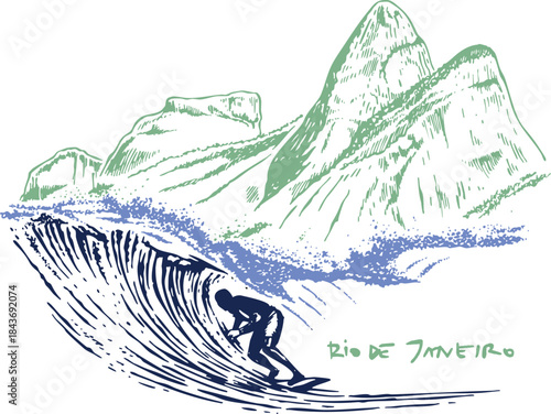 Illustration of a surfer riding a wave on a beach in Rio de Janeiro, Brazil.