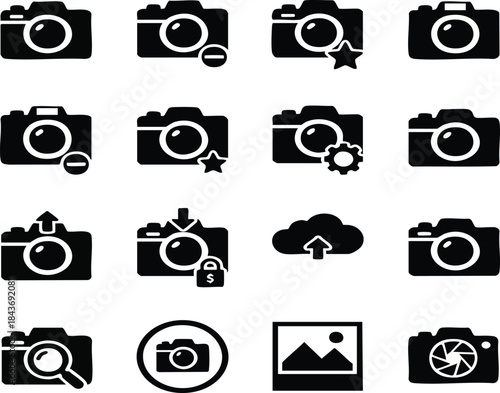 Camera photography icons set, photo and video symbols, digital shutter silhouettes.