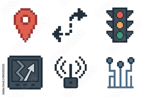 Pixel art icons: navigation, communication, technology, traffic, radar, circuit