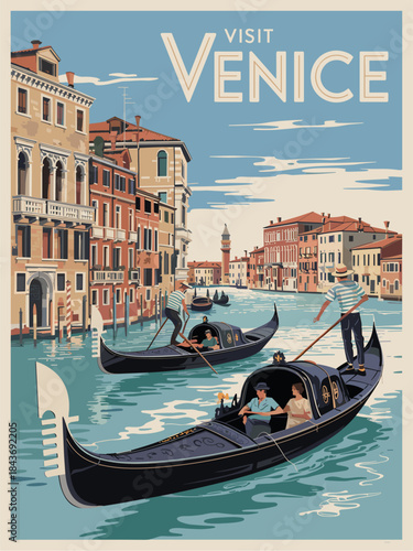 Retro-style poster of Venice with gondolas, ochre buildings, and a romantic sunset in teal, beige, and coral tones.