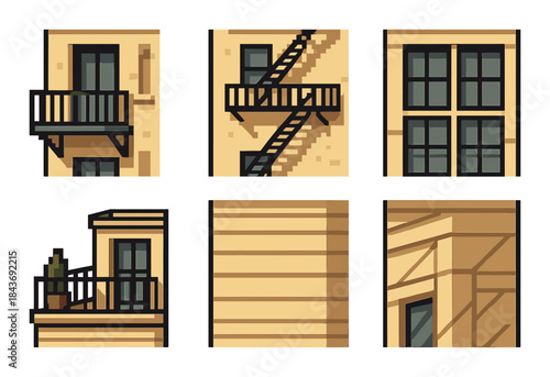 Pixel art building elements: balconies, fire escapes, windows, and walls