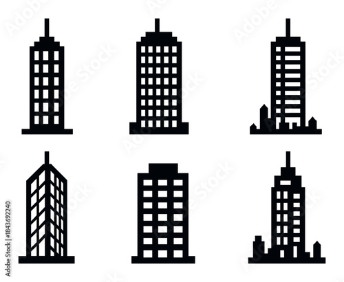 Silhouette of urban skyscrapers on gray background with vertical stripes