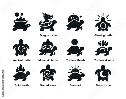 Mythical Turtle Icons. Mythical turtles. Solid icon set of mythi