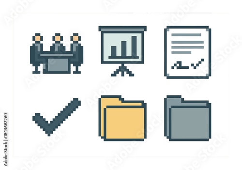 Pixel art business icons: meeting, presentation, document, checkmark, folders