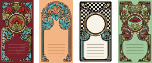 Art nouveau decorative label collection featuring floral ornaments, vintage frames, ornamental typography panels, classic design templates isolated on elegant backgrounds.