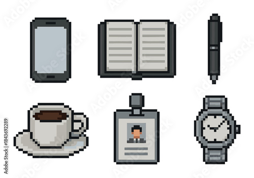 Pixel art office essentials: smartphone, notebook, pen, coffee, id, wristwatch