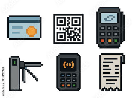 Pixel art icons of payment and access systems: credit card, qr code, payment terminal
