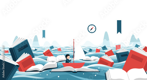 Person fishing for ideas or knowledge while sailing in a small red boat on a vast ocean of open books under a clear sky.