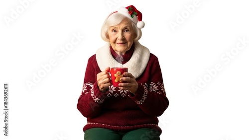 Smiling elderly woman with Christmas hat and patterned sweater holding gingerbreaddecorated mug