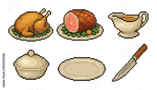 Pixel art feast: roast turkey, ham, gravy, dishware, and knife on table