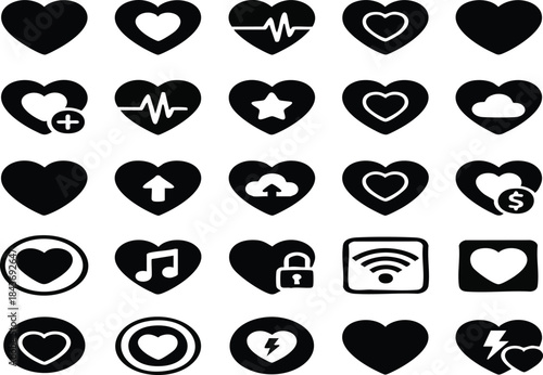 Heart love icons set, health and romance symbols, medical cardiology silhouettes