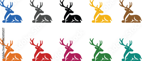 Reclining deer icons in various colors, Resting deer animal icon set