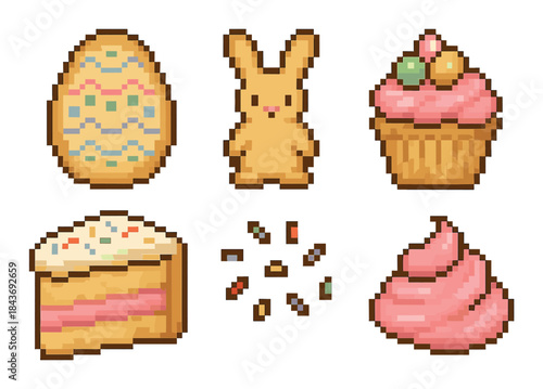 Pixel art easter treats and sweets collection with bunny, eggs, and desserts