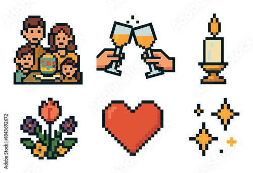 Pixel art icons of family, celebration, candle, flowers, heart, and sparkles