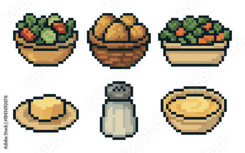 Pixel art food collection: salads, potatoes, butter, salt, soup