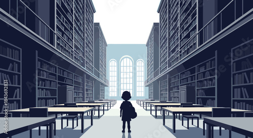 Solitary student standing in a large, silent library hall filled with towering bookshelves, symbolizing the journey of academic pursuit and knowledge.