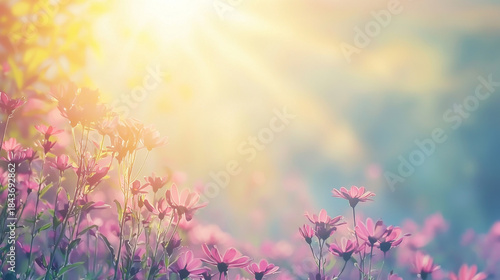 A beautiful field of pink flowers glowing under warm sunbeams, with a serene, softly blurred background
