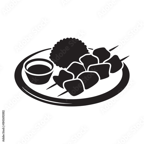 A simple black and white illustration of kebabs with side dishes on a plate