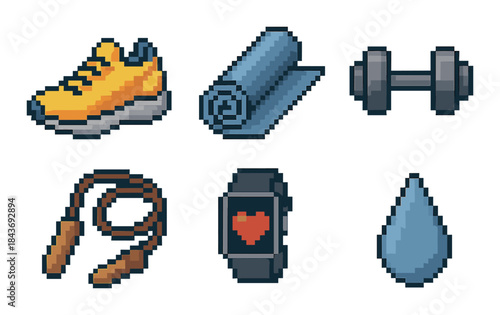 Pixel art fitness icons: shoe, yoga mat, dumbbell, jump rope, smartwatch, water drop