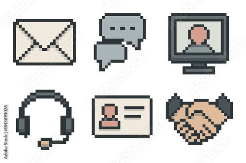 Pixel art icons: communication, video call, message, contact, support, handshake