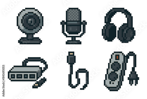 Retro pixel art electronics: webcam, microphone, headphones, usb hub, cable, power strip