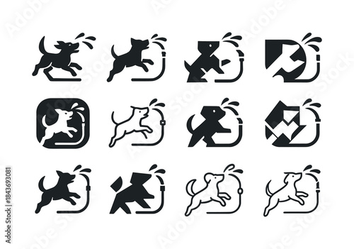 Garden Hose Play. Playing with a Garden Hose. Icon set. Set Logo