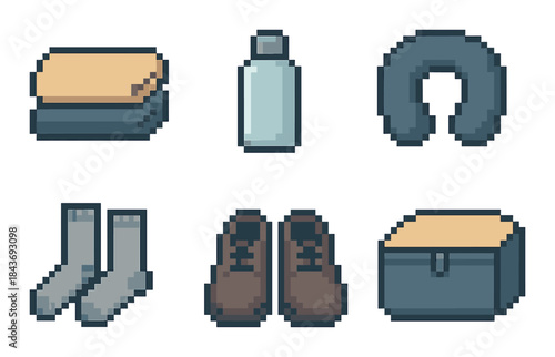 Pixel art travel essentials: shoes, socks, pillow, towel, bag, bottle