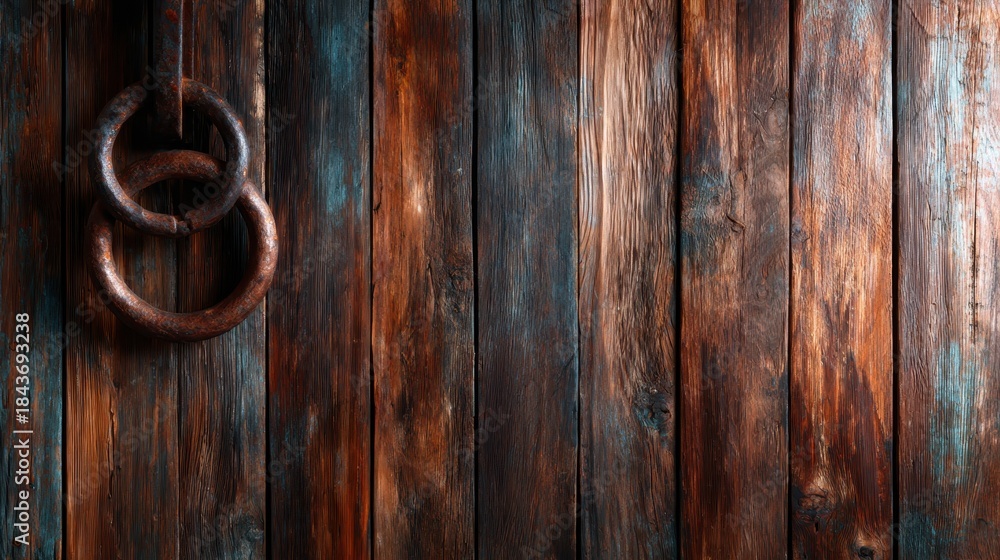 Fototapeta premium This image captures rustic wooden planks featuring two hanging rings, conveying a sense of strength and craftsmanship, ideal for themes related to construction and design.