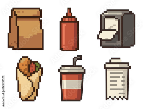 Pixel art fast food icons: bag, ketchup, napkins, burrito, drink, receipt