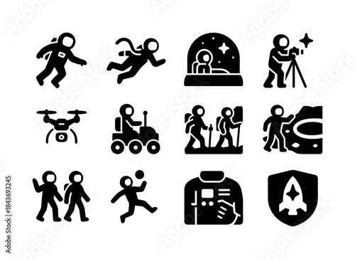 Space Adventure Icons. Space adventure activities. Solid icon se
