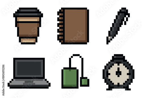 Pixel art office essentials: coffee, notebook, pen, laptop, bag, clock