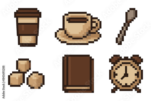 Pixel art coffee set with cup, to-go cup, sugar, spoon, book, and alarm clock