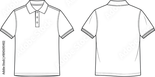 Men polo shirt technical fashion drawing, front and back views, short sleeve garment outline template, apparel design, cad drawing illustration