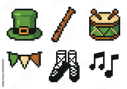 Pixel art: st. patrick's day hat, flute, drum, flags, shoes, music notes