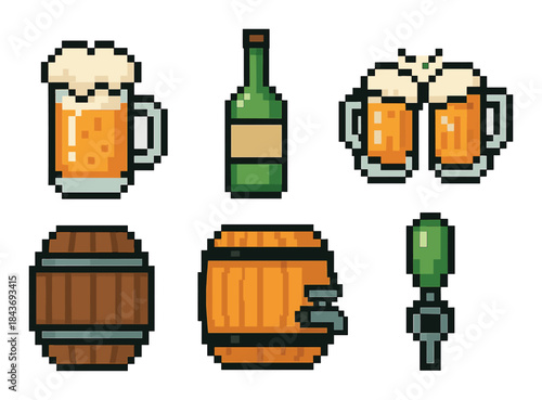 Retro pixel art icons of beer mugs, barrels, and wine bottle