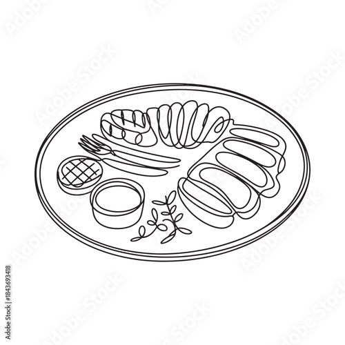 A simple line drawing of a breakfast platter with various food items